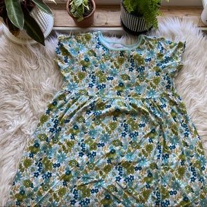 Girls Lands’end Cotton Short Sleeve Dress Blue and Green Floral 7